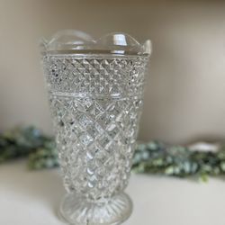 Vintage Diamond Pattern Pressed Glass Vase 10”