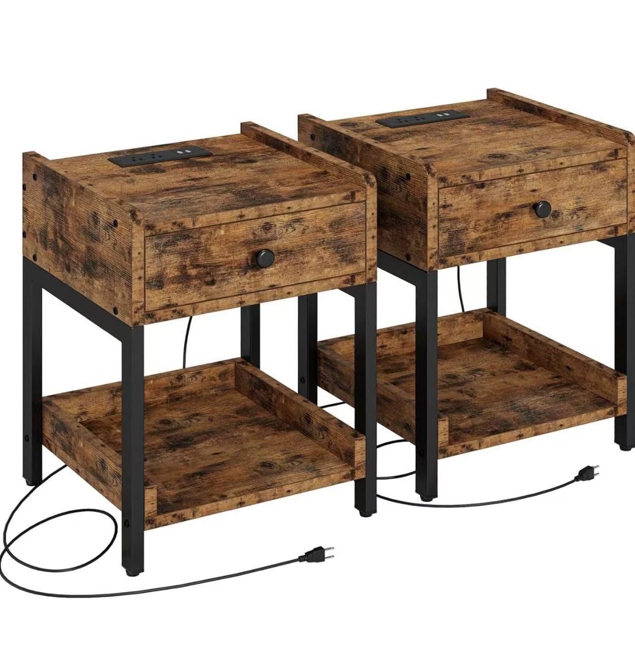LIKIMIO Nightstand, Set of 2 Bedside Table with Charging Station, Vintage Brown