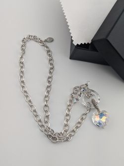 ✨925 Vintage Puffy Crystal Heart Pendant Rolo Link Toggle Clasp Necklace 23.34g|17"|6mm💛✨