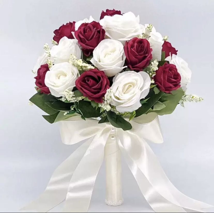 Holding Flowers Artificial Natural Rose Wedding Bouquet with Silk Satin Ribbon Pink White Champagne Bridesmaid Bridal Party Color: white and red Mess