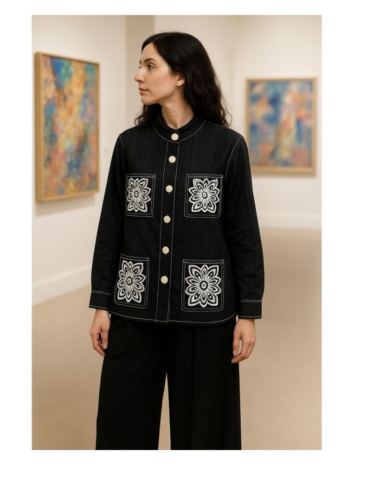 Bob Mackie Artsy Shacket Top 1X Blk Embroidery Button Western Rodeo Art To Wear