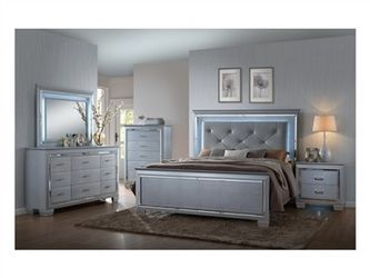 Brand new gray queen LED bed frame, dresser, mirror, nightstand