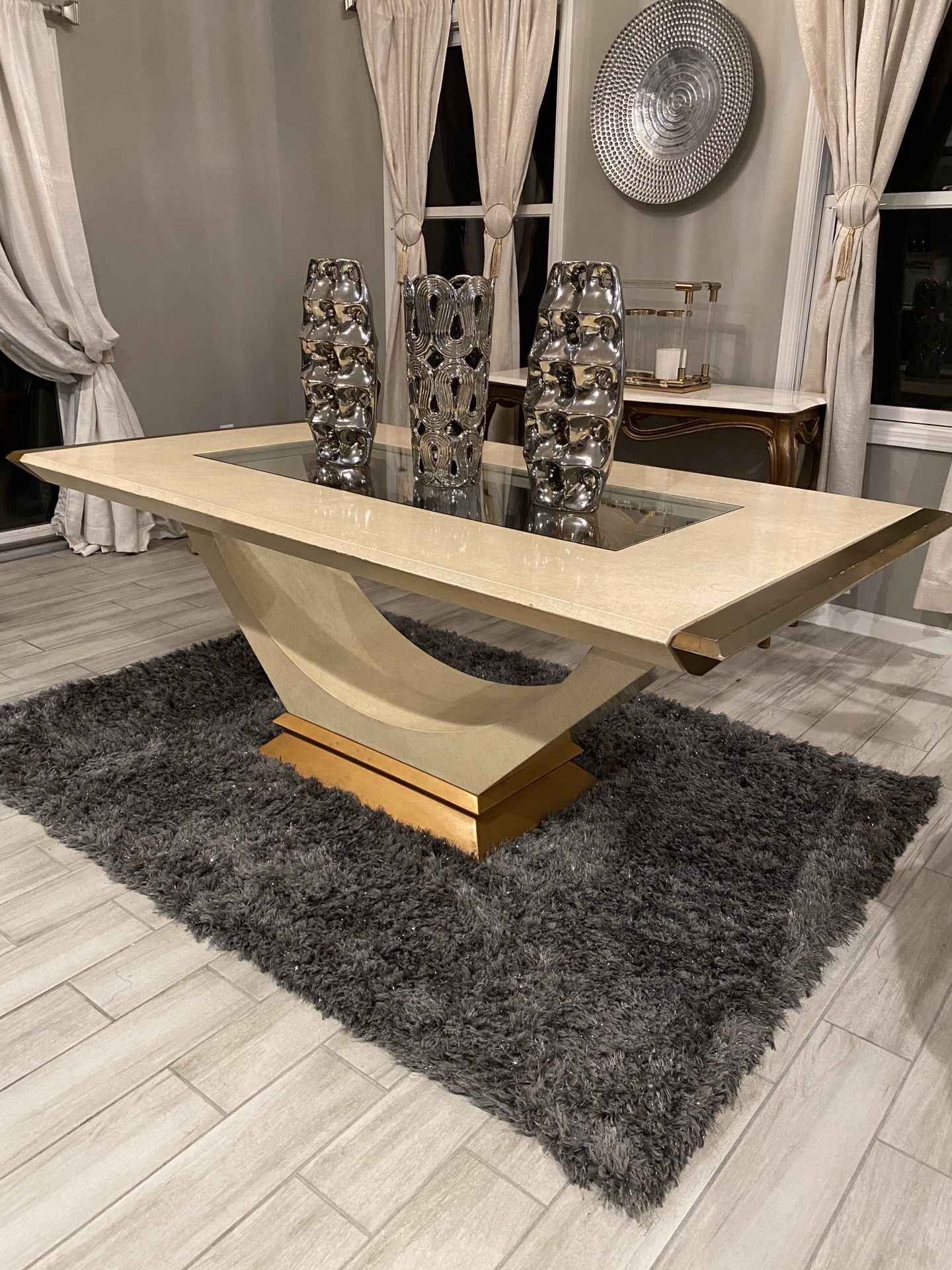 Rectangular dining table / beige and gold