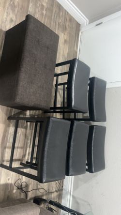 Set of 5 Barstools + Grey Storage Ottoman