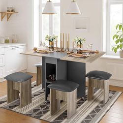 Folding Dining Table Set for 4, Dinner Table with 4 Leather Chairs and Shelves, Space Saving Foldable Dining Table with 6 Wheels, Kitchen Table for Sm