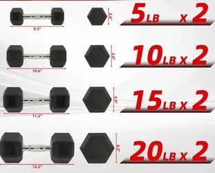 Rubber Hex Dumbbell Set 5–20 LB Pairs