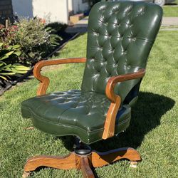 Vintage Green Leather Mahogany Wood Desk Chair 