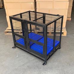 BRAND NEW $160 Heavy-Duty Dog Cage Crate 37x25x33” Double-Door Folding Kennel w/ Divider, Tray, Wheels