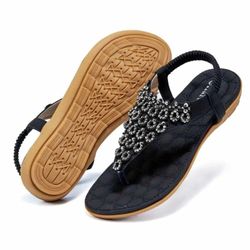 Comfortable and Stylish Flat Thong Sandals With Rhinestones, Non-Slip, Breathable US Size 9
