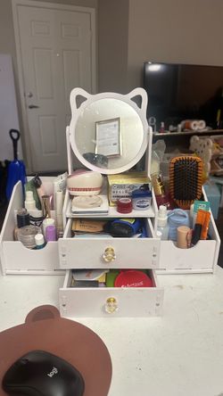 Cosmetics container  white with mirror and two drawers