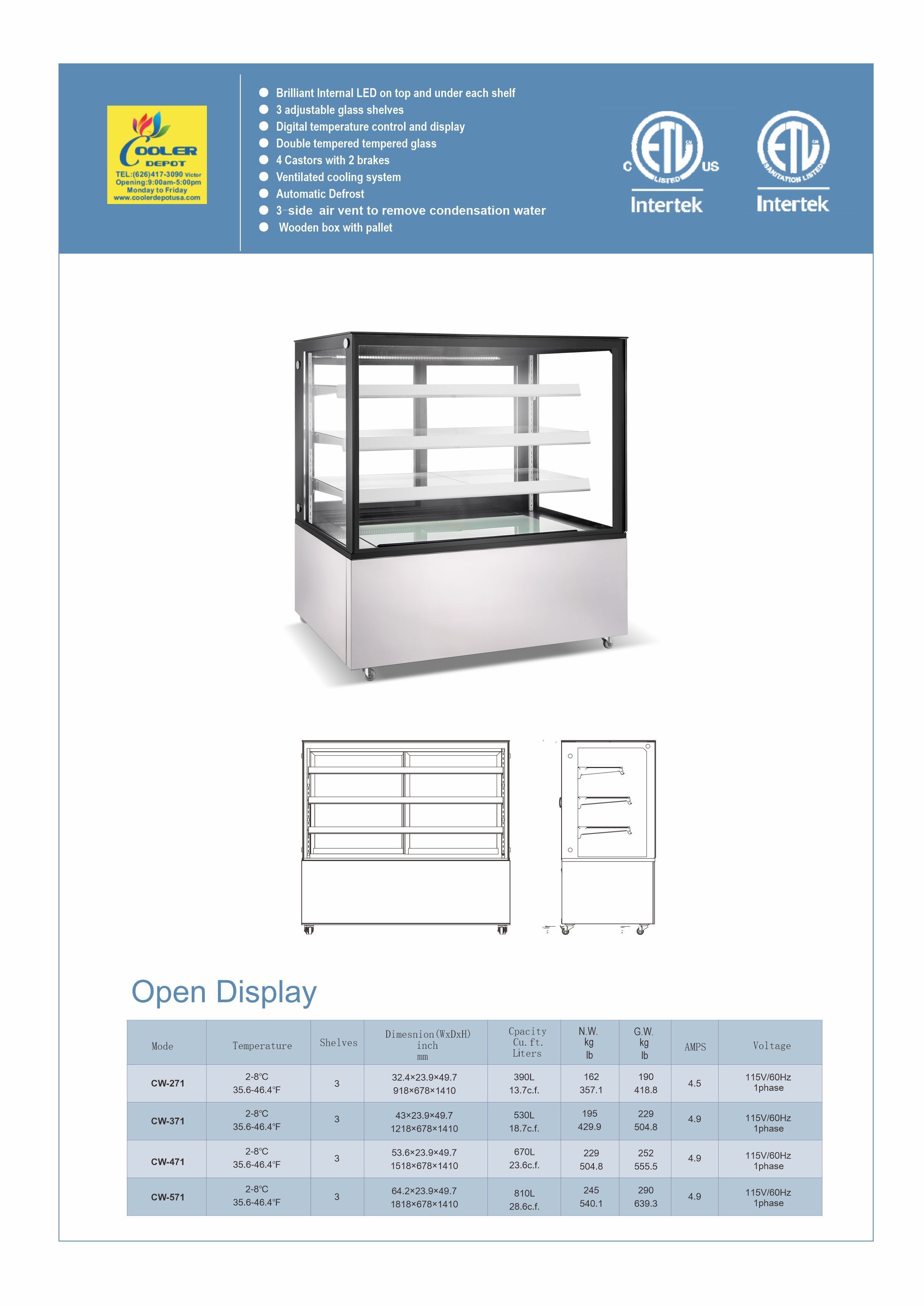 36 Ins Refrigerated bakery refrigerator case 3 shelf NSF CW 271