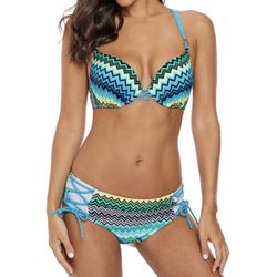 Women’s 2 Piece Wave Print Bikini Swim Suit Crisscross Tie Blue Green NWOT