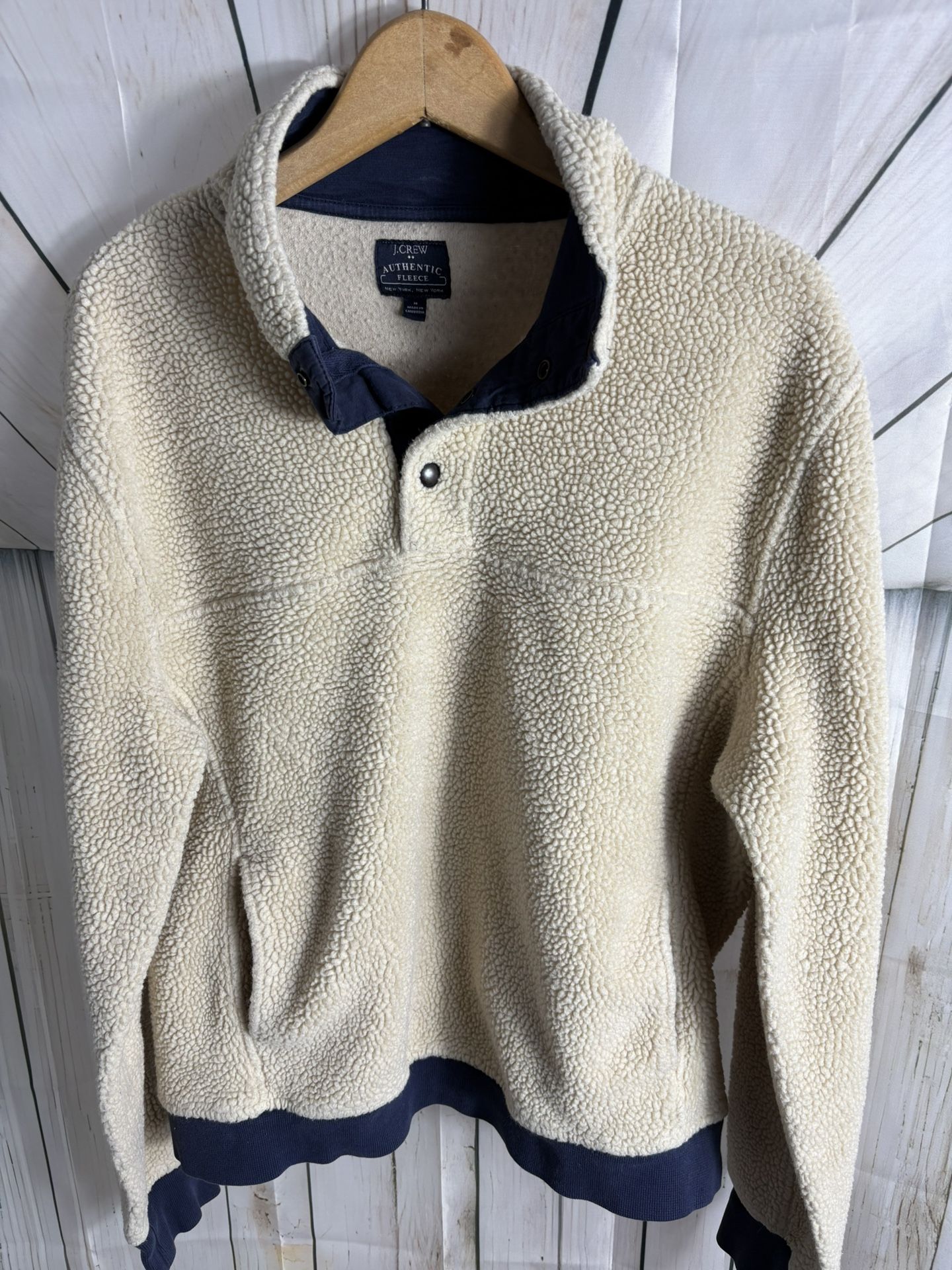 J Crew Factory Authentic Snap Fleece Men’s Medium Beige/ Navy