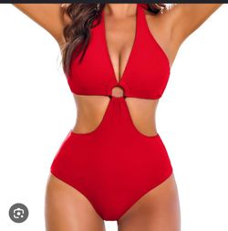 Red Halter Cutout One-Piece Swimsuit