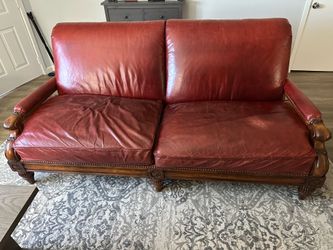 Vintage Cibola Red Leather Sofa – Carved Wood Frame, Nailhead Trim