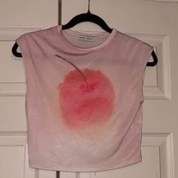 Bershka Pink Cherry Graphic Cropped T-Shirt - Size Medium (M)