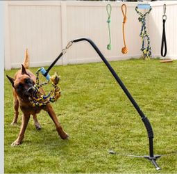 GreenPetopia Adjustable Tug of War Dog Toy with 3 Tether Tug Toys, Outdoor Dog Spring Pole Rope Toy