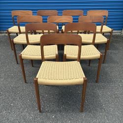 Mid Century Modern Danish Solid Teak Dining Chairs JL Moller Model 75 Set Of 10