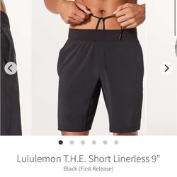 Lululemon Mens T.H.E. Short Linerless 9" Black Size Medium Shorts Activewear