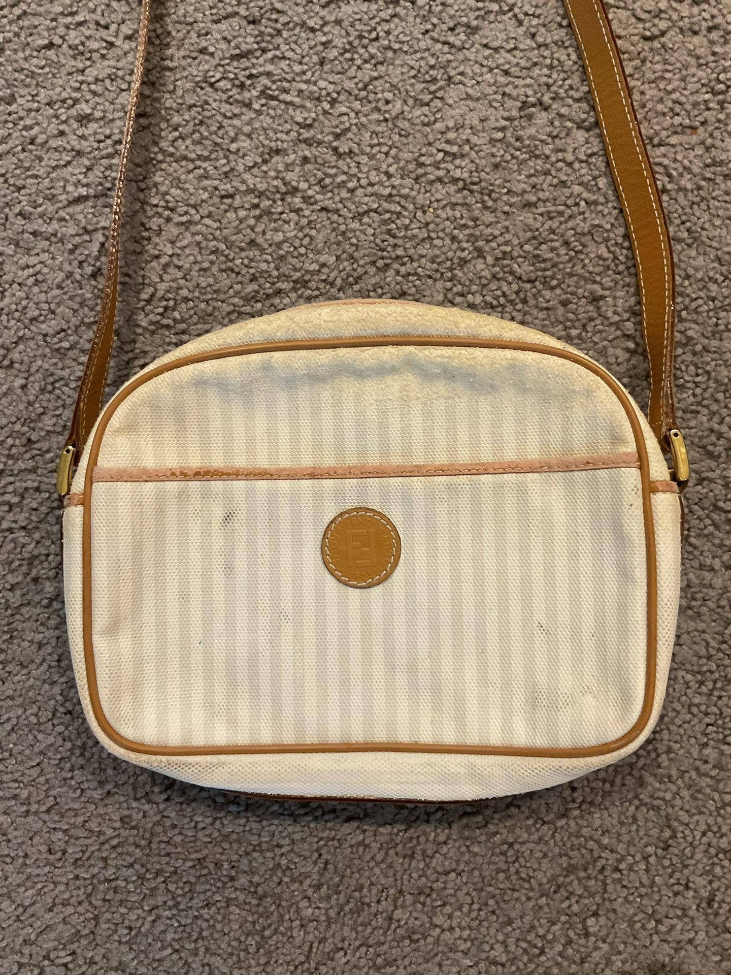 Vintage Fendi Logo White Canvas Leather Crossbody Tote Bag Purse