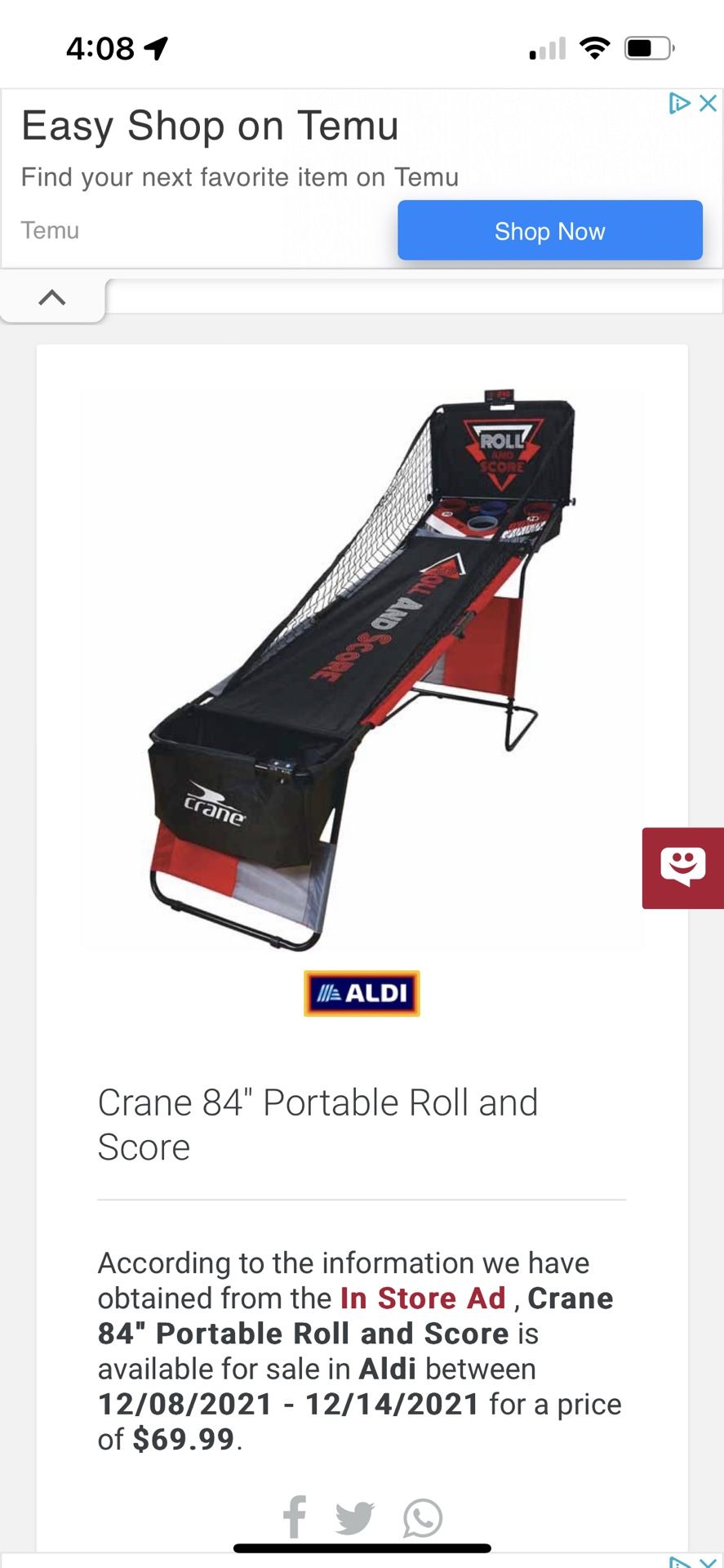 NEW-Crane 84" Portable Roll and Score-Skee Ball