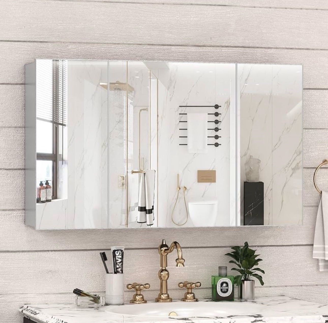 40 × 24 Farmhouse Medicine Cabinet, Tempered Frameless Bathroom Mirror with Storage, Recessed or Surface Mounted Silver Aluminum Medicine Cabinet for