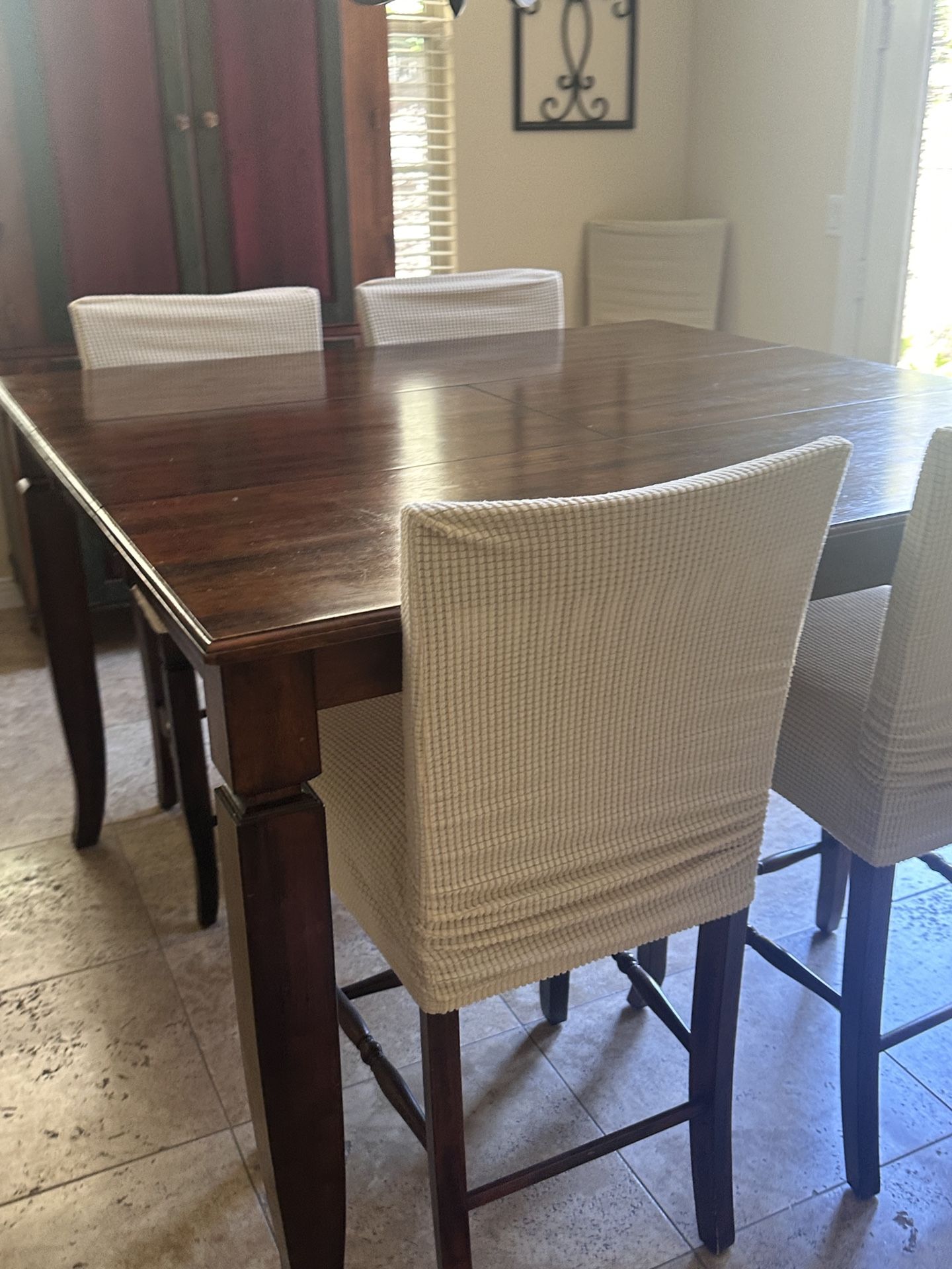 Wood Dining table With Leaf Insert And 6 Chairs (with Covers) And a Matching Wood Credenza