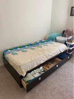 Twin Black Wooden Bed Frame with Storage