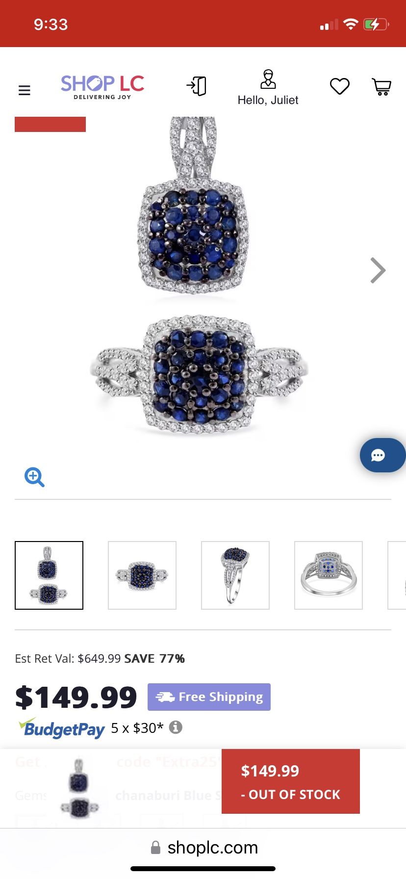 Genuine Kanchanaburi Blue Sapphire & Zircon ring 8 & necklace set - new!