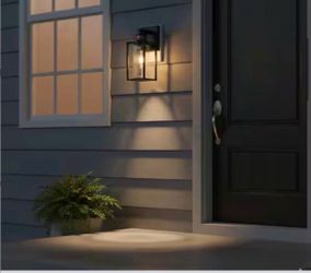 1-Light Matte Black Motion Sensing Dusk to Dawn Not-Solar Outdoor Wall Lantern Sconce with Clear Seeded Glass. Size 13.5 inches L-3931