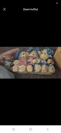 Teddy Bear Figurine Set with Blue Bows