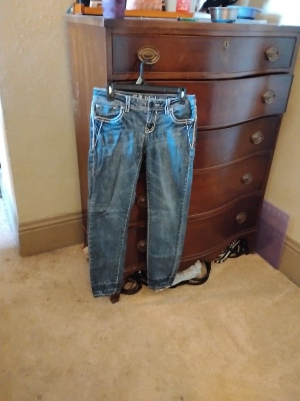 LA Idol Juniors Teen Blue Denim Rhinestone Pocket Skinny Jeans Size 7