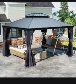 12'x16' Hardtop Gazebo with Resin Roof, Outdoor Metal Gazebo with Drainage Gutters, Permanent Heavy Duty Pavilion for Patio, Backyard and Deck, Curtai