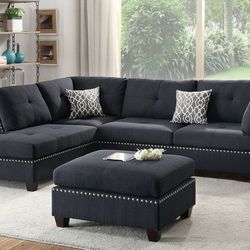 Brand New Black Beautiful 3pc Sectional Sofa With Ottoman 