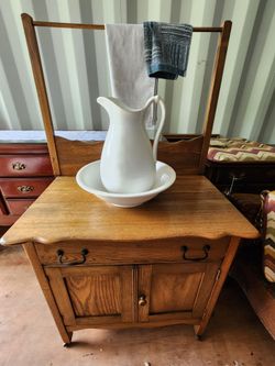 Antique Victorian Oak Rolling Washstand with Towel Rack