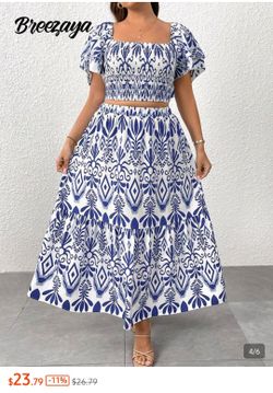Shein Blue & White Print Two-Piece Skirt Set