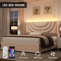 Full Size LED Bed Frame with 2 Drawer Storage, Wingback Platform Bed with Velvet Upholstered Headboard, Off-White
