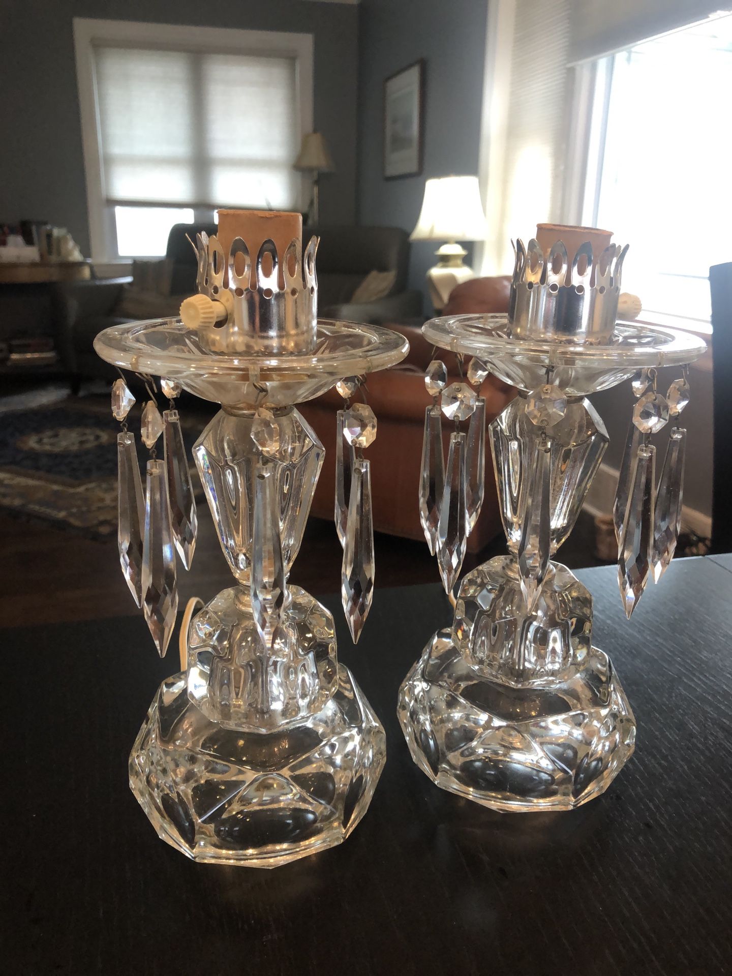 Pair of ANTIQUE PARLOR Crystal TABLE LAMPS electric, TEAR DROPS