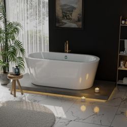 Empava Freestanding Bathtub, Luxury Acrylic Soaking Tub with Drain and Overflow, Modern Stand Alone Design, Glossy White, cUPC Certified, 59 In-Oval-1