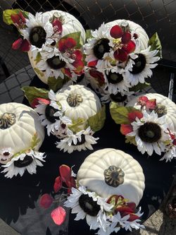 Decorated White Pumpkins with Faux Flowers