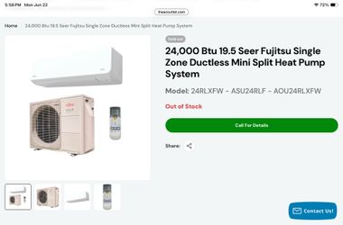 24,000 Btu 19.5 Seer Fujitsu Single Zone Ductless Mini Split Heat Pump