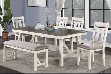 Barnhouse style country chic two tome dining set with 4 chairs and a benched all cushioned dining set