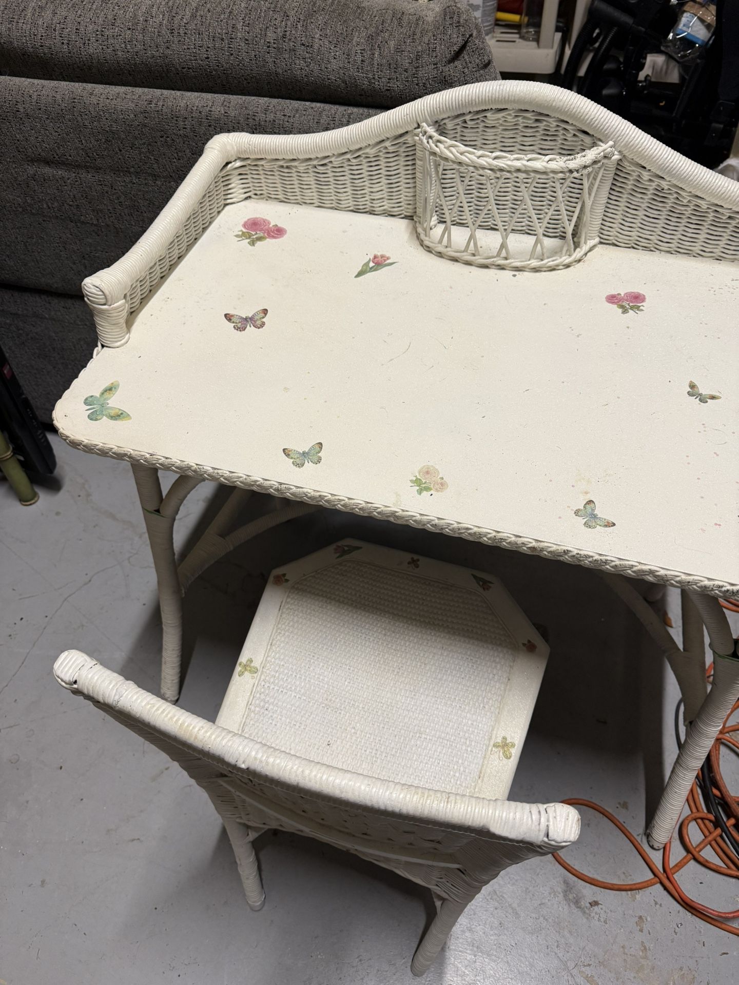 Extremely Sweet Antique Wicker Rattan Girl’s Desk + Chair Custom Painted