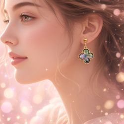 Gold Clover Drop Earrings with Abalone Shell