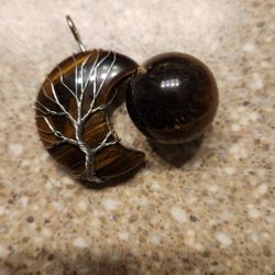 TIGERS EYE, Half moon with tree of life PENDANT.  $45 ..Tigers EYE.