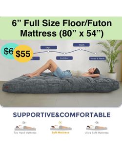 6" Full Size Floor/Futon Mattress, Tufted Futons Sofa Couch Bed with Twisted Rope Design Edging, Thick Corded Fabric Floor Mattress for Adults, Shredd