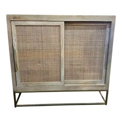 Natural Wood & Rattan Sliding Door Cabinet with Brass Base