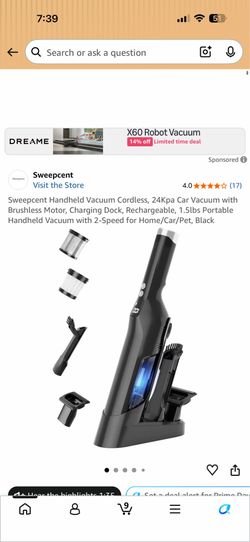 Sweepcent Handheld Vacuum Cordless, 24Kpa Car Vacuum with Brushless Motor, Charging Dock, Rechargeable, 1.5lbs Portable Handheld Vacuum with 2-Speed f