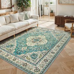 Floral Medallion Area Rug - 5x7 Large Distressed Living Room Rug, Soft Non-Slip Washable Low-Pile Bedroom Mat Floor Accent Carpet for Entryway Dining 
