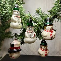 Set of 5 Snowman Christmas Ornaments – Vintage Style Glass Look Holiday Decor